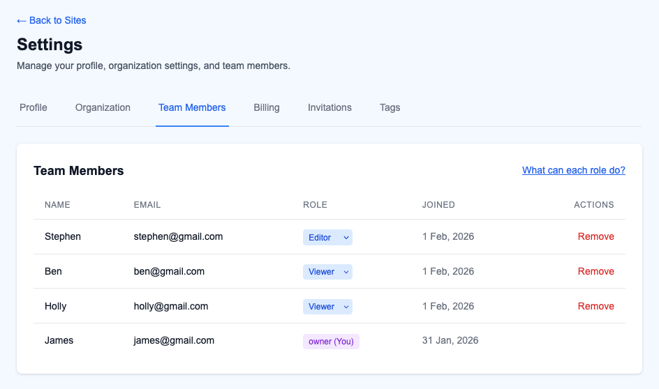 Team management dashboard
